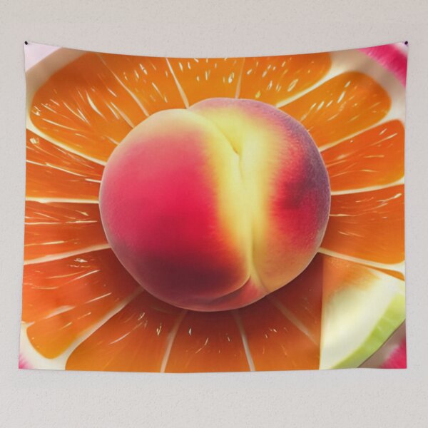 Item preview, Succulent Delights: A Photorealistic Close-Up of a Peach on a Citrus Symphony designed and sold by masabo.