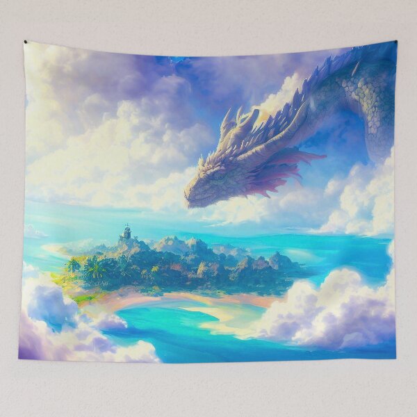Item preview, Dragon looking at the island on ocean  designed and sold by TomFrontierArt.