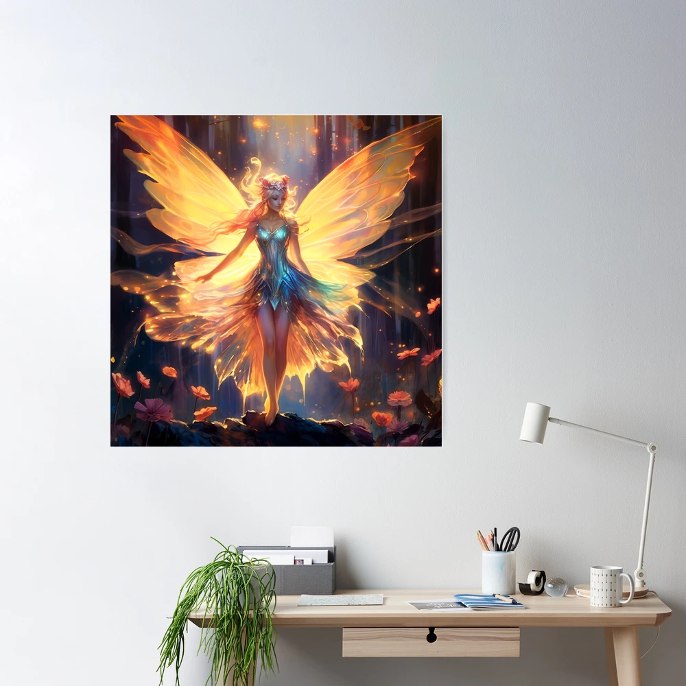 Colourful Neon Pixie Rave Girl with Fairy Wings Poster for Sale