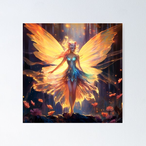 Colourful Neon Pixie Rave Girl with Fairy Wings Poster for Sale