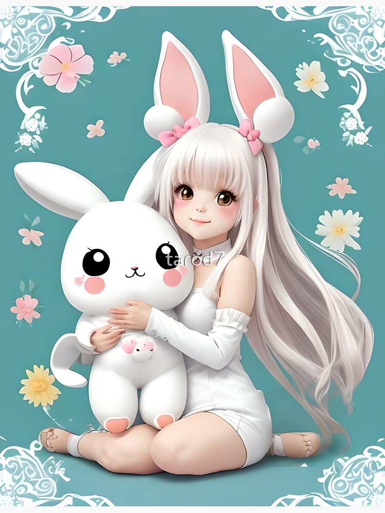 Cute Animal Ears Anime Girl Hugging Teddy Bear Sticker for Sale