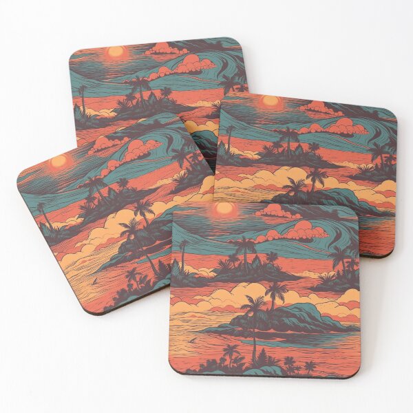 Item preview, Hawaiian Inspired Watercolor Illustration - Palm Trees and Beautiful Sunset, Vibrant Seascape Design designed and sold by stateofhuman.