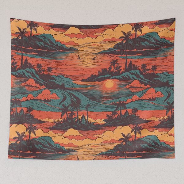 Item preview, Hawaiian Inspired Watercolor Illustration - Palm Trees and Beautiful Sunset, Vibrant Seascape Design designed and sold by stateofhuman.