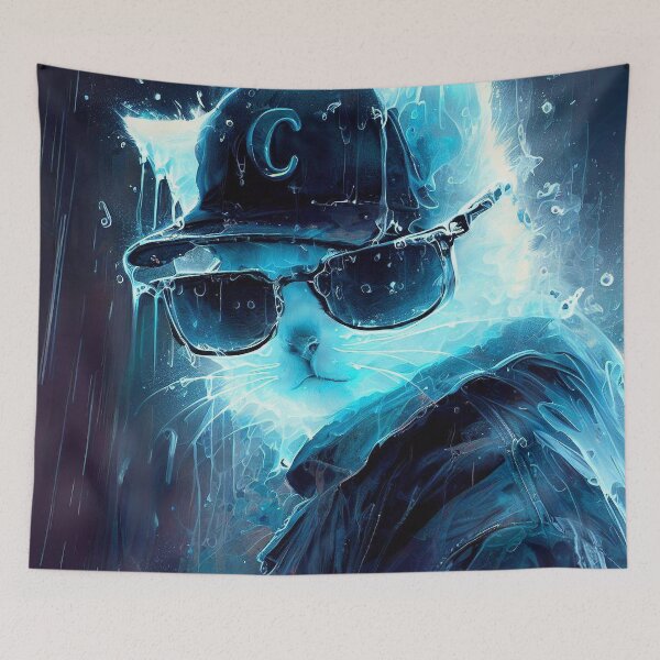 Item preview, Ghost cat in cap sunglasses and jacket on blue rain  designed and sold by TomFrontierArt.