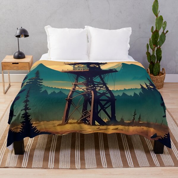 Item preview, A fire lookout tower among towering pines at dusk with mountains in the background designed and sold by ArtCounts.