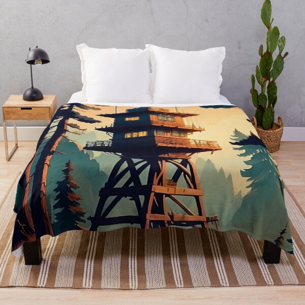 Item preview, A fire lookout tower among towering pines at dusk designed and sold by ArtCounts.