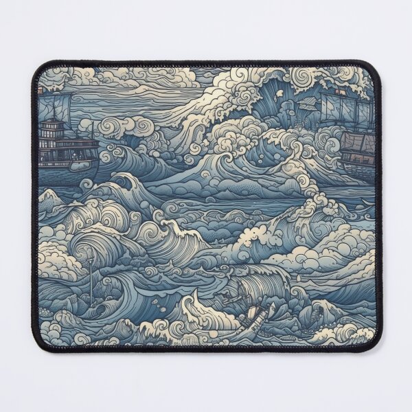 Item preview, Japanese Ocean Wave with Seafaring Ships - Detailed Psychedelic Landscape Inspired Art designed and sold by stateofhuman.