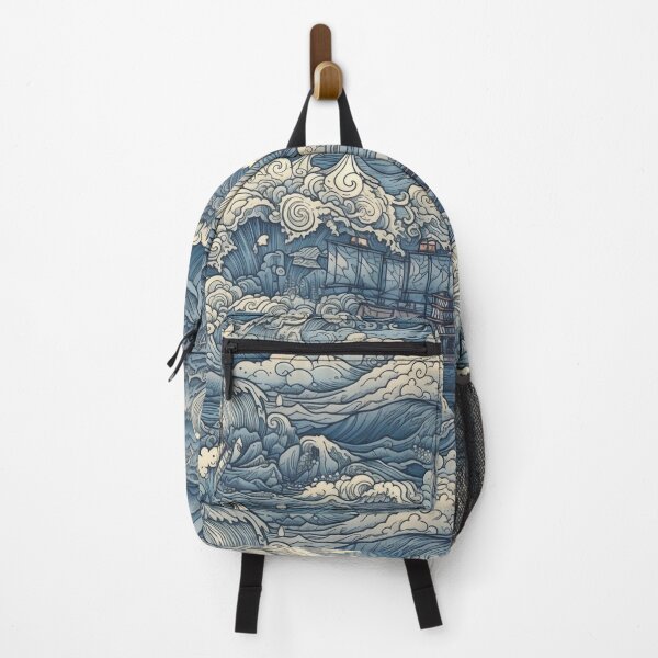 Item preview, Japanese Ocean Wave with Seafaring Ships - Detailed Psychedelic Landscape Inspired Art designed and sold by stateofhuman.