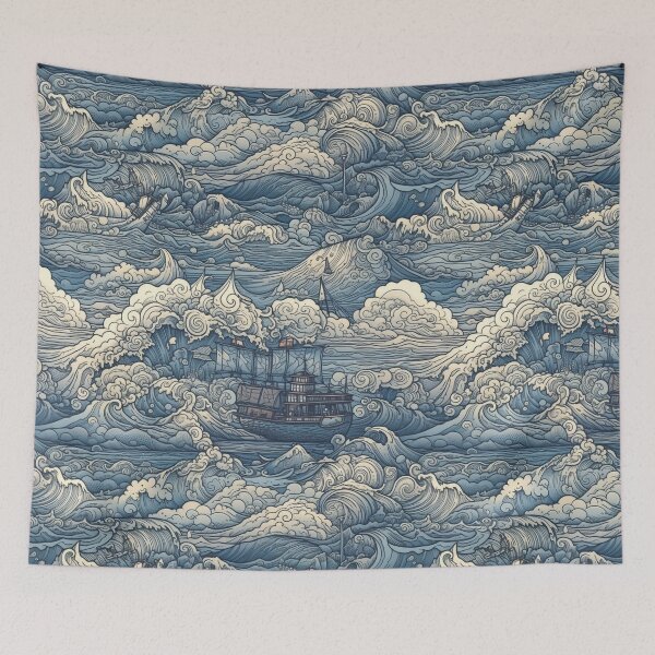 Item preview, Japanese Ocean Wave with Seafaring Ships - Detailed Psychedelic Landscape Inspired Art designed and sold by stateofhuman.