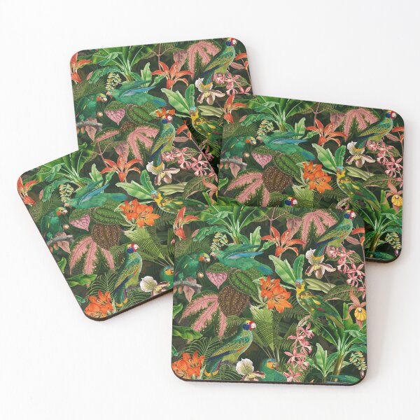 Artikelvorschau, Exotische Vintage Vögel Blume und Blätter Dschungel - Schwarzer botanischer Nachtgarten Nachtgarten entworfen und verkauft von UtArt.