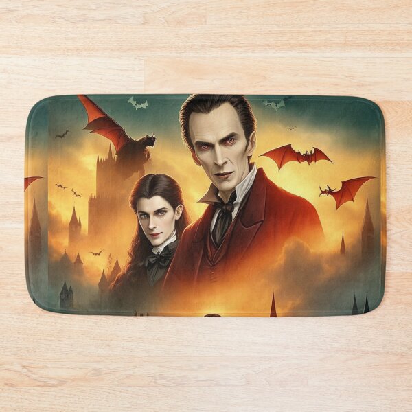 Item preview, Vampires and Count Dracula with bats in front of a Gothic Castle painting designed and sold by Vintage Designs +.