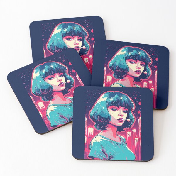Item preview, Neon Noir | Mia Wallace with a lollipop | Anime | Illustration | Blue and Pink | Cyberpunk designed and sold by Future /  Classic.