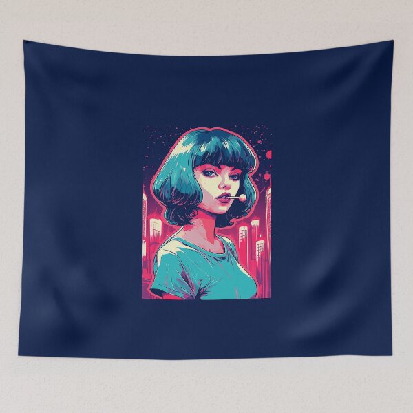 Item preview, neón negro | Mia Wallace con una piruleta | animado | Ilustración | azul y rosa | ciberpunk designed and sold by Future / Classic.