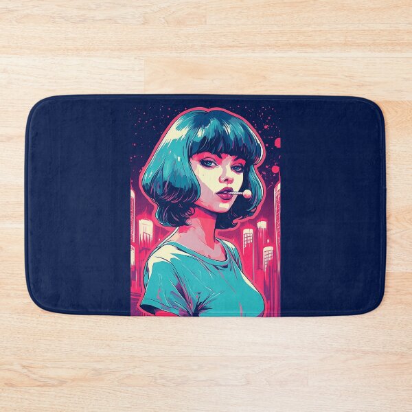 Item preview, Neon Noir | Mia Wallace with a lollipop | Anime | Illustration | Blue and Pink | Cyberpunk designed and sold by Future /  Classic.