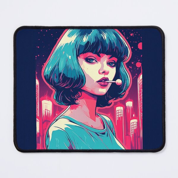 Item preview, Neon Noir | Mia Wallace with a lollipop | Anime | Illustration | Blue and Pink | Cyberpunk designed and sold by Future / Classic.