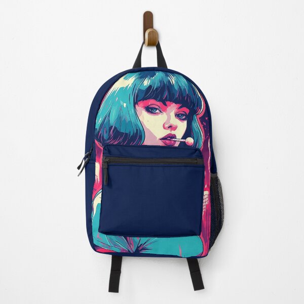Item preview, Neon Noir | Mia Wallace with a lollipop | Anime | Illustration | Blue and Pink | Cyberpunk designed and sold by Future / Classic.