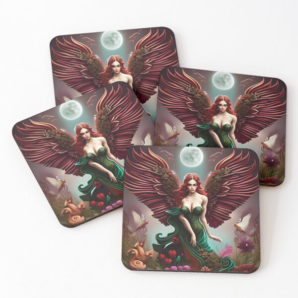 Item preview, surreal illustration. devil and angels posing like a Piscis symbol, merging with flowers, swirl of colours, aqua, forest green, russet, burgundy. Foggy forest designed and sold by ZColection.