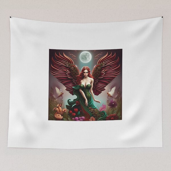 Item preview, surreal illustration. devil and angels posing like a Piscis symbol, merging with flowers, swirl of colours, aqua, forest green, russet, burgundy. Foggy forest designed and sold by ZColection.