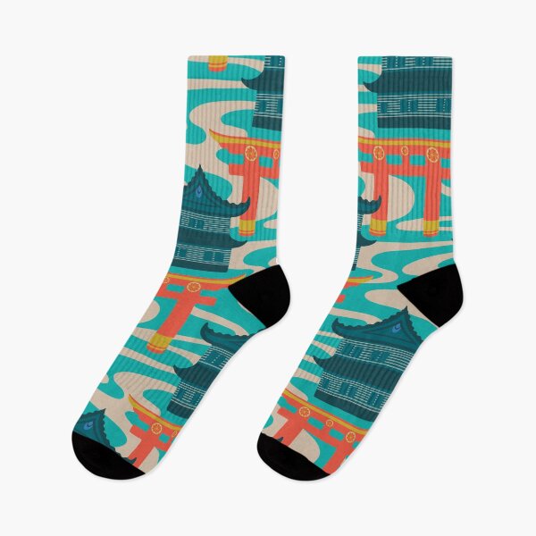 Item preview, EDO Traditional Japanese Castles and Oriental Japan Torii Gates with Flowing River in Rainbow Palette Turquoise Orange Teal Yellow - UnBlink Studio by Jackie Tahara designed and sold by Jackie Tahara of UnBlink Studio.