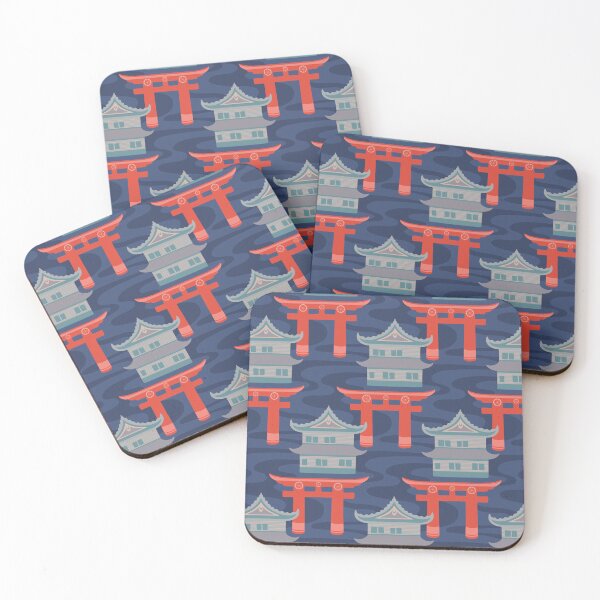 Item preview, EDO Traditional Japanese Castles and Oriental Japan Torii Gates with Flowing River in Traditional Palette Blush Rust Blue Gray - UnBlink Studio by Jackie Tahara designed and sold by Jackie Tahara of UnBlink Studio.