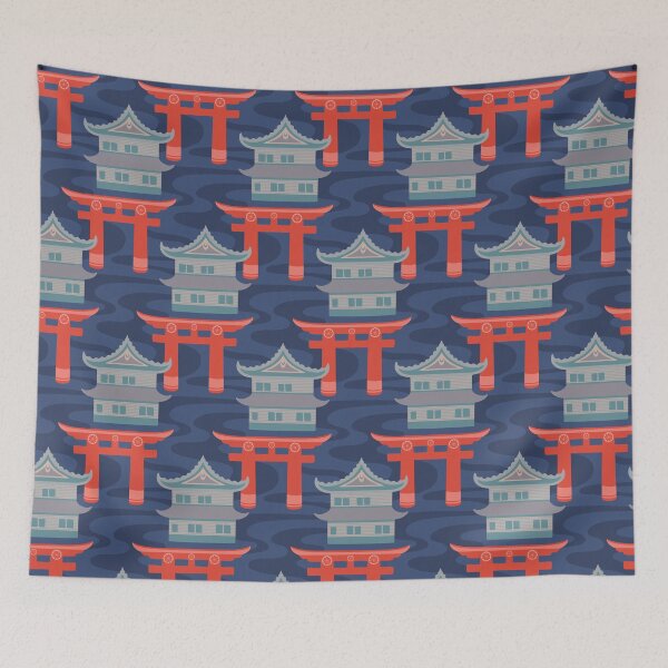 Item preview, EDO Traditional Japanese Castles and Oriental Japan Torii Gates with Flowing River in Traditional Palette Blush Rust Blue Gray - UnBlink Studio by Jackie Tahara designed and sold by Jackie Tahara of UnBlink Studio.
