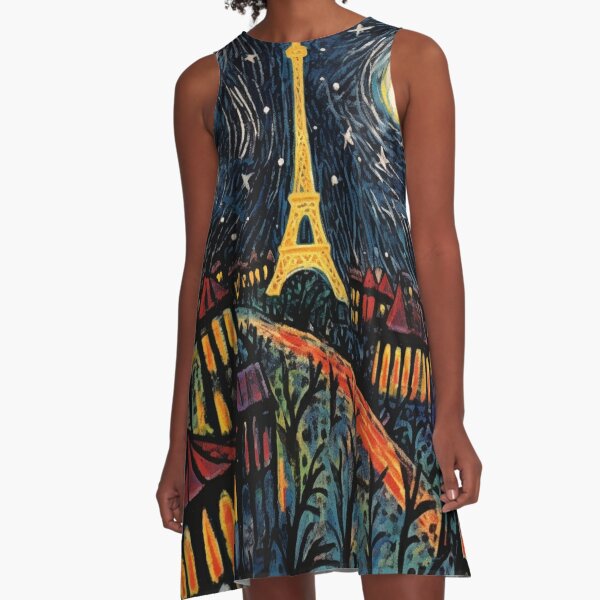 Iconic Paris By Night, Art Brut Style A-Line Dress