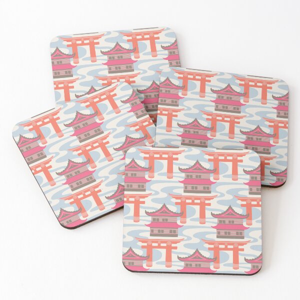 Item preview, EDO Traditional Japanese Castles and Oriental Japan Torii Gates with Flowing River in Vintage Palette Fuchsia Pink Coral Orange Brown Blue White - UnBlink Studio by Jackie Tahara designed and sold by Jackie Tahara of UnBlink Studio.