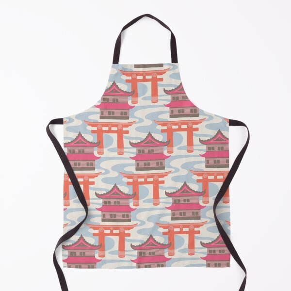 Item preview, EDO Traditional Japanese Castles and Oriental Japan Torii Gates with Flowing River in Vintage Palette Fuchsia Pink Coral Orange Brown Blue White - UnBlink Studio by Jackie Tahara designed and sold by Jackie Tahara of UnBlink Studio.