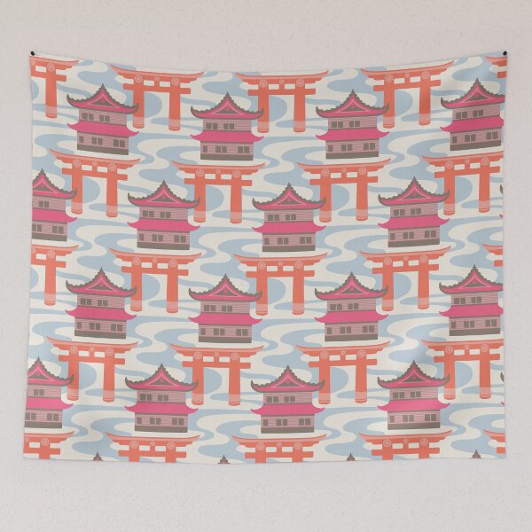Item preview, EDO Traditional Japanese Castles and Oriental Japan Torii Gates with Flowing River in Vintage Palette Fuchsia Pink Coral Orange Brown Blue White - UnBlink Studio by Jackie Tahara designed and sold by Jackie Tahara of UnBlink Studio.