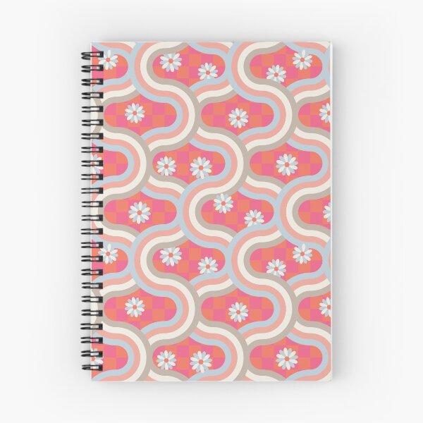 Item preview, KYOTO Japan-Inspired Graphic Pattern Clash Retro Wavy Geometric Stripes and Flowers in Vintage Blue Cream Blush Warm Gray on Pink Orange Checkerboard - UnBlink Studio by Jackie Tahara designed and sold by Jackie Tahara of UnBlink Studio.