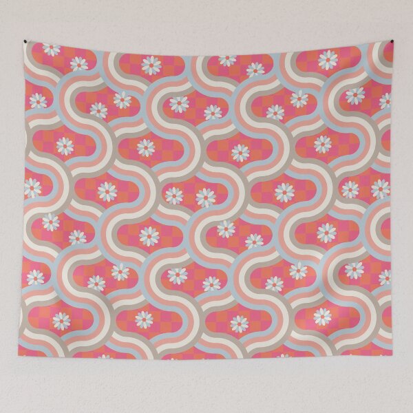 Item preview, KYOTO Japan-Inspired Graphic Pattern Clash Retro Wavy Geometric Stripes and Flowers in Vintage Blue Cream Blush Warm Gray on Pink Orange Checkerboard - UnBlink Studio by Jackie Tahara designed and sold by Jackie Tahara of UnBlink Studio.