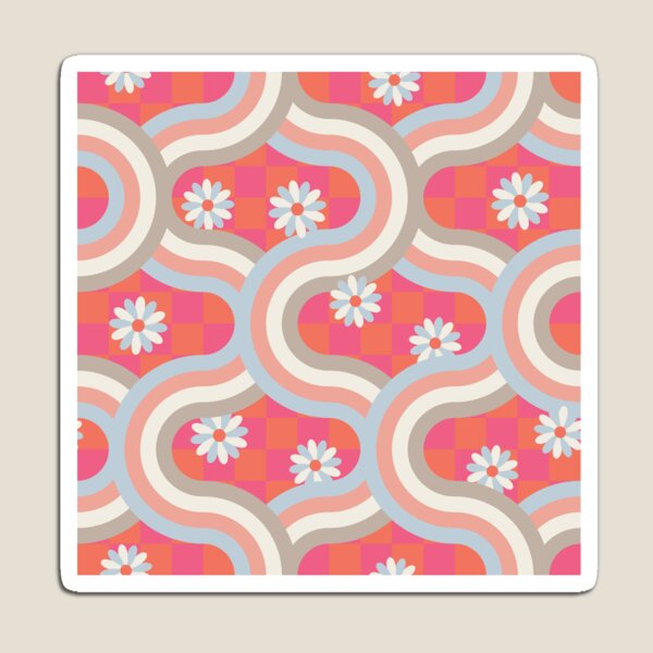 Vista previa del artículo con la obra «KYOTO Patrón gráfico inspirado en Japón Choque de rayas y flores geométricas onduladas retro en color crema azul vintage Rubor gris cálido sobre tablero de ajedrez naranja rosa - UnBlink Studio de Jackie Tahara», diseñado y vendido por Jackie Tahara of UnBlink Studio.