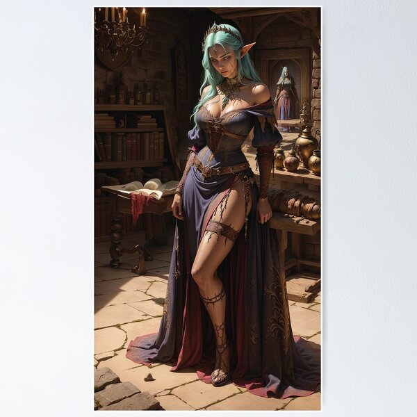 Dark sexy elf girl with green hair in fantasy medieval dress