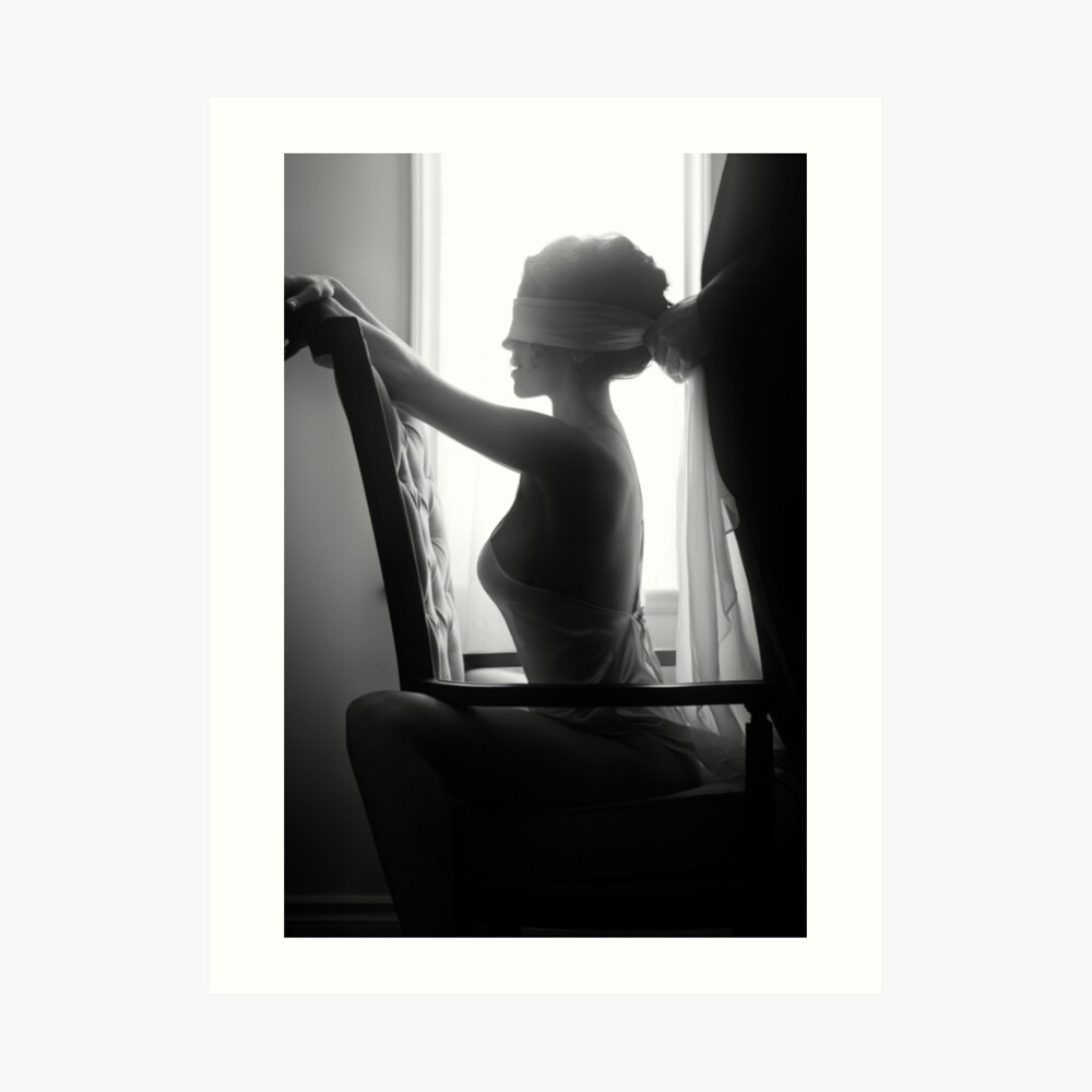 Sensual couple black and white portrait Man tying blindfold on a beautiful  sexy woman sitting in a chair art photo print | Art Print