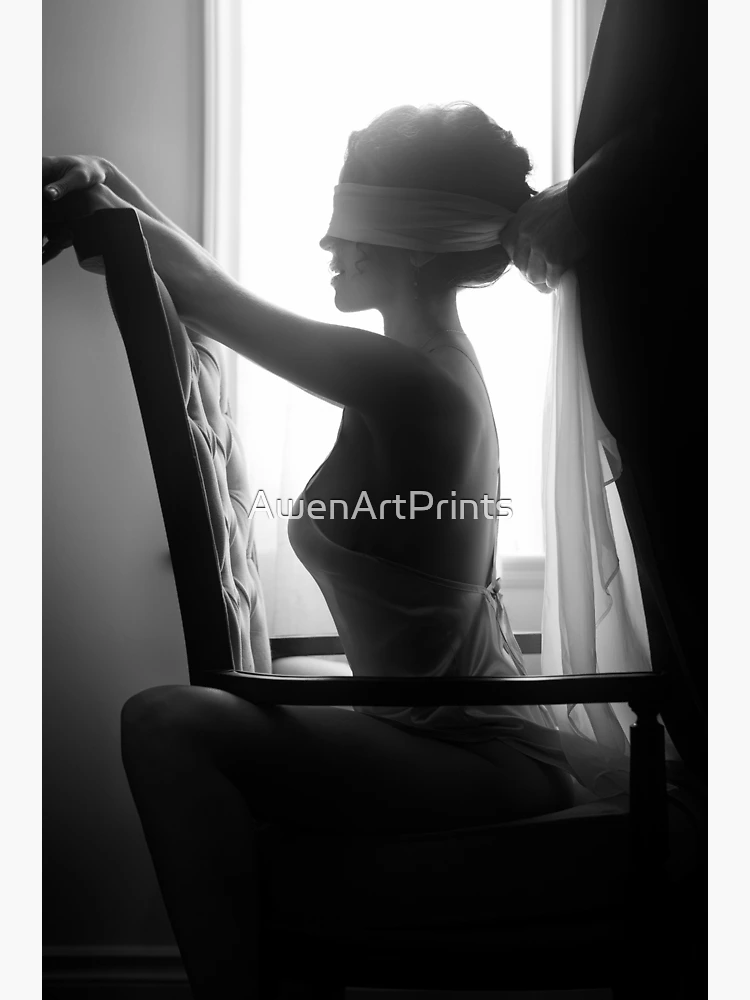 Sensual couple black and white portrait Man tying blindfold on a beautiful sexy  woman sitting in a chair art photo print Framed Art Print for Sale by  AwenArtPrints