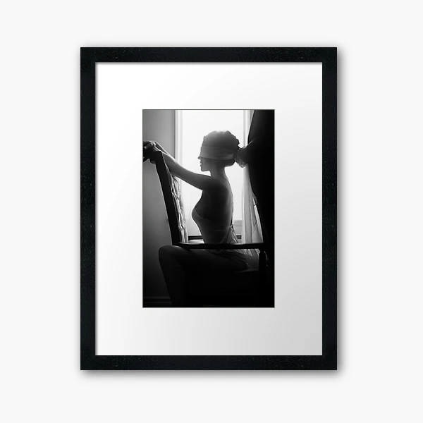 Sensual couple black and white portrait Man tying blindfold on a beautiful sexy  woman sitting in a chair art photo print Framed Art Print for Sale by  AwenArtPrints