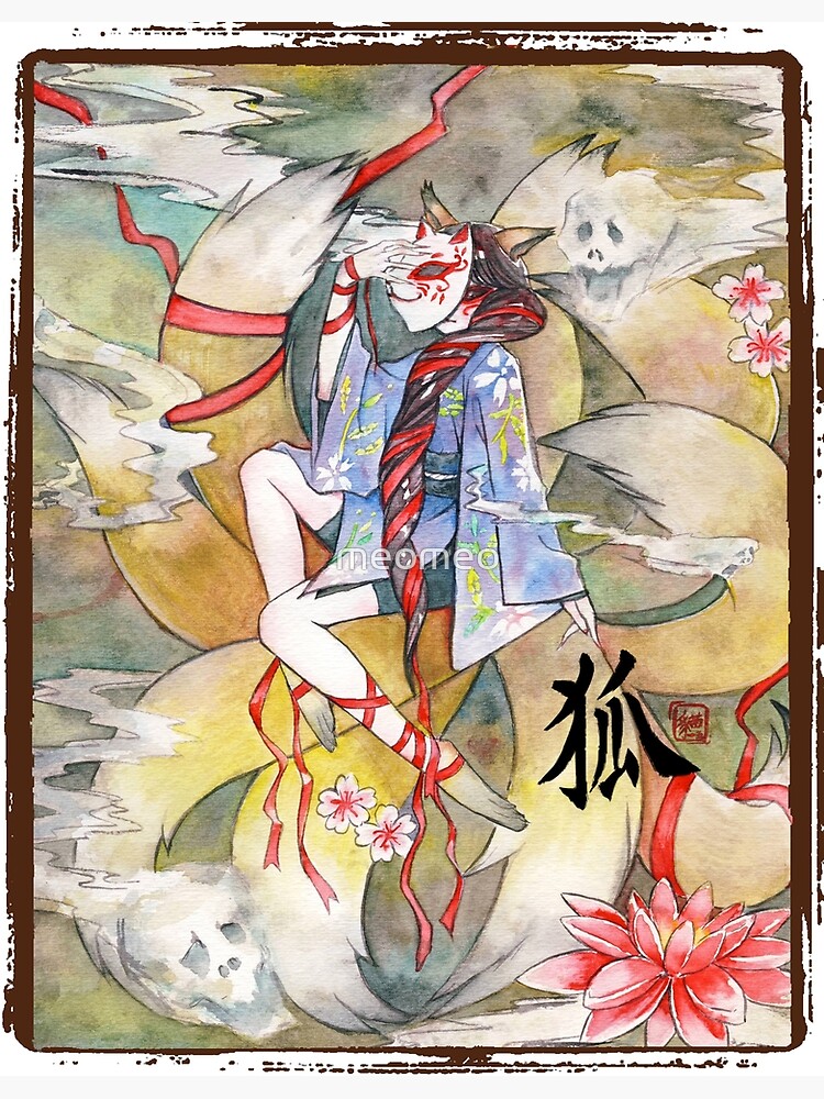 Nine tailed fox kitsune spirit in a form of human kimono girl