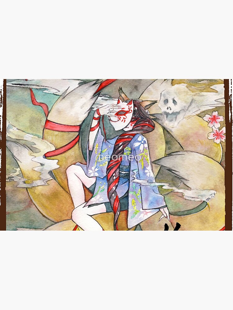 Nine tailed fox kitsune spirit in a form of human kimono girl