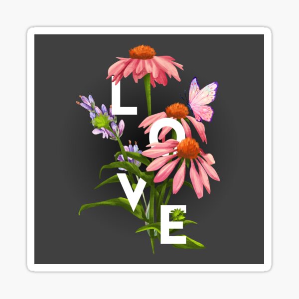 Love Typography on Flowers and Butterfly (elegant floral typography layouts) Sticker