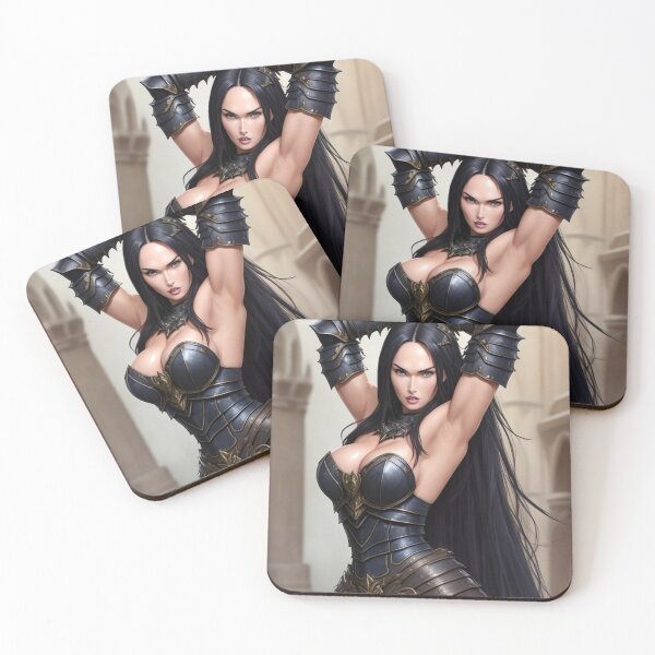Item preview,  Beautiful Fantasy woman in Black Armor posing with her hands behind her head pinup art designed and sold by Vintage Designs +.