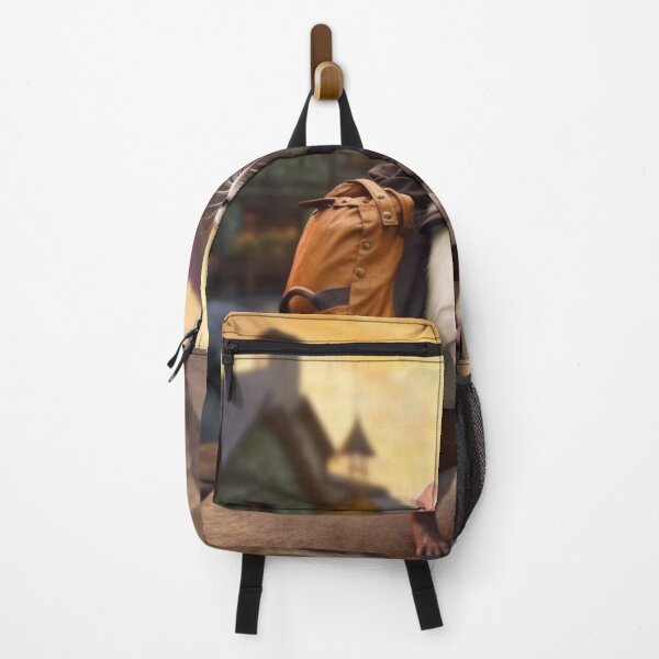 Item preview, White rat with backpack on the background of the city and autumn leaves designed and sold by aiphotosart.