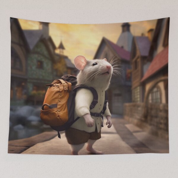 Item preview, White rat with backpack on the background of the city and autumn leaves designed and sold by aiphotosart.