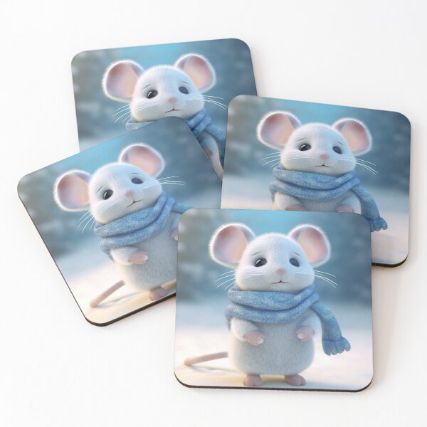 Item preview, Cute little white mouse in a blue scarf on a winter background. designed and sold by aiphotosart.