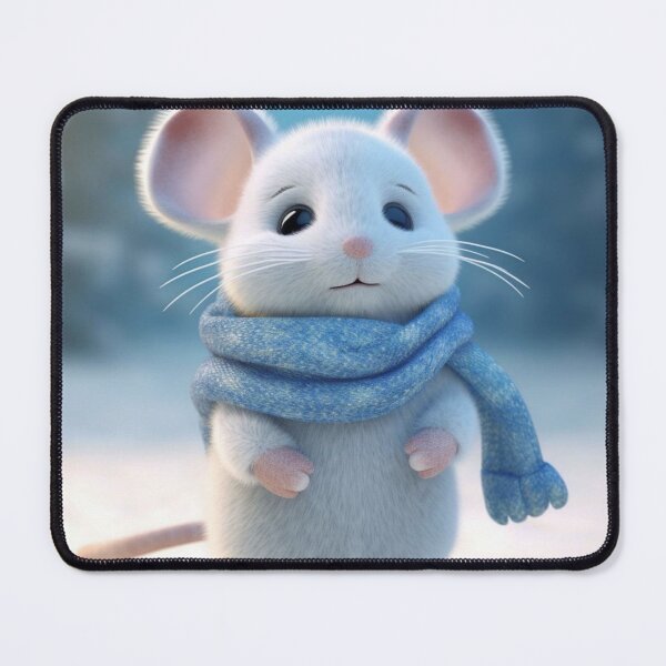 Item preview, Cute little white mouse in a blue scarf on a winter background. designed and sold by aiphotosart.