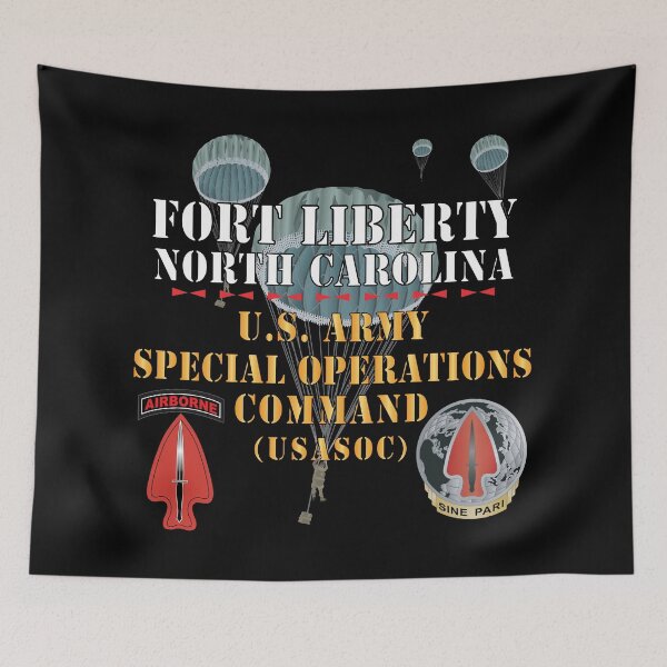 Item preview, Army - Fort Liberty North Carolina - US Army Special Operations Command (USASOC) - SSI - DUI w 3 Parachutes X 300 designed and sold by Military Insignia Products.