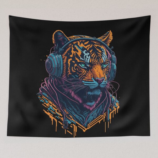 Item preview, Cool Orange Anthropomorphic DJ Bengal Tiger with Headphones Street Art Graffiti for Music Lover  designed and sold by Cawaiico.