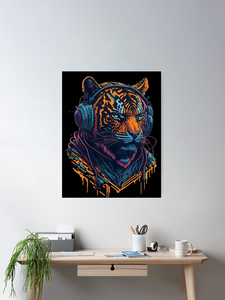 Cool Orange Anthropomorphic DJ Bengal Tiger with Headphones Street