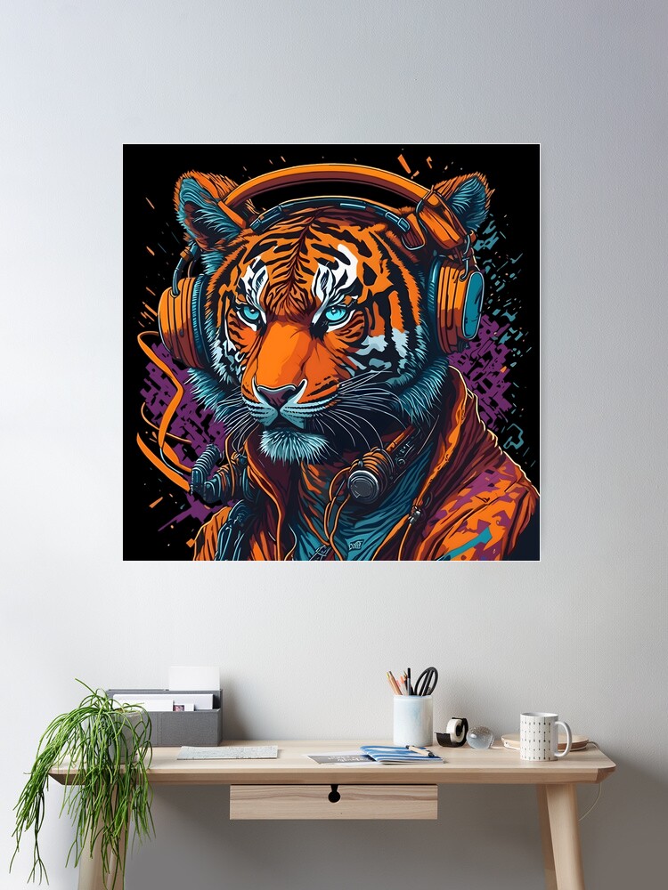 Cool Anthropomorphic Orange Jacket Bengal Tiger with Headphone