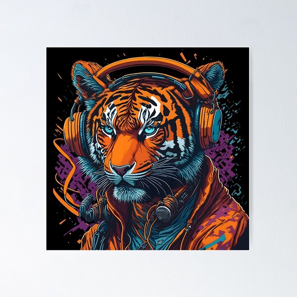 Anthropomorphic Graffiti DJ Tiger with Headphone Turntable Street