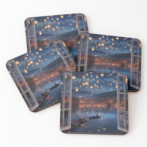 Item preview, Window view of lake with lanterns and boat in lake designed and sold by zand-n-zive.